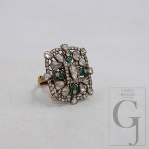 Antique look solid gold ring polki diamond handmade diamond ring gold jewelry indian style jewelry emerald ring open polki setting jewelry