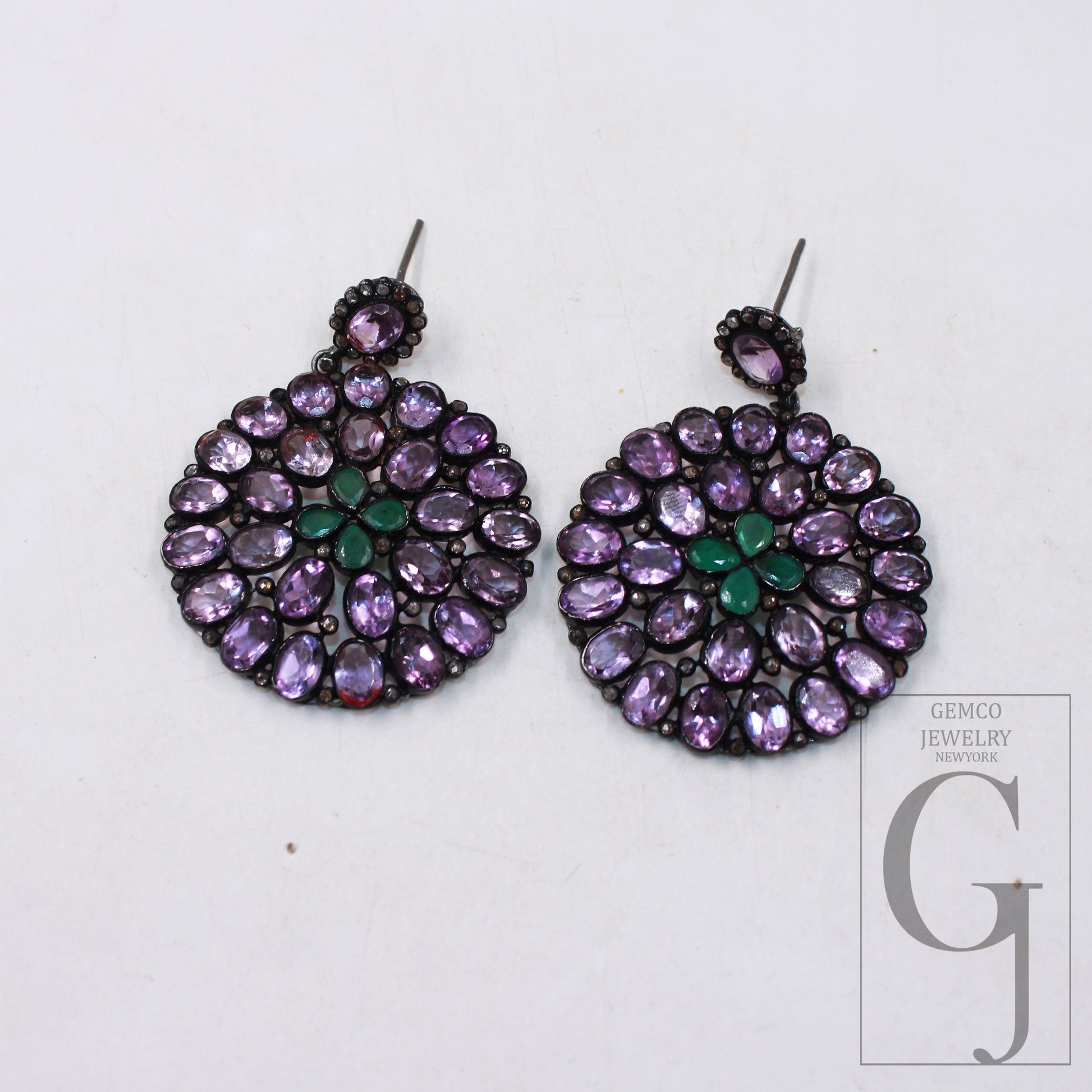 Antique look Amethyst emerald earring designer Rosecut pave diamond earring sterling silver handmade silver finish diamond earring jewelry