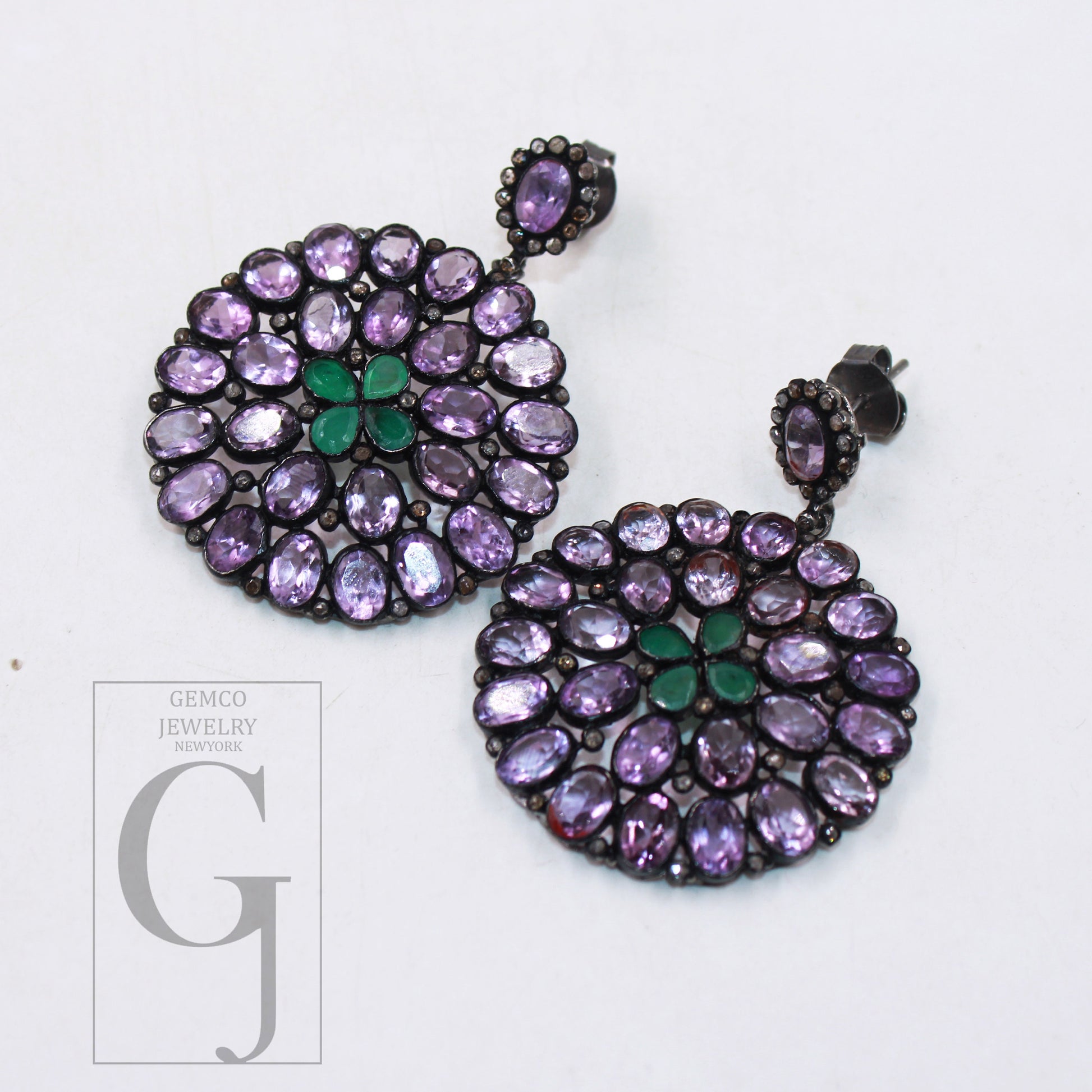 Antique look Amethyst emerald earring designer Rosecut pave diamond earring sterling silver handmade silver finish diamond earring jewelry