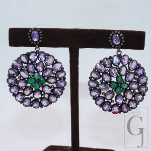 Antique look Amethyst emerald earring designer Rosecut pave diamond earring sterling silver handmade silver finish diamond earring jewelry