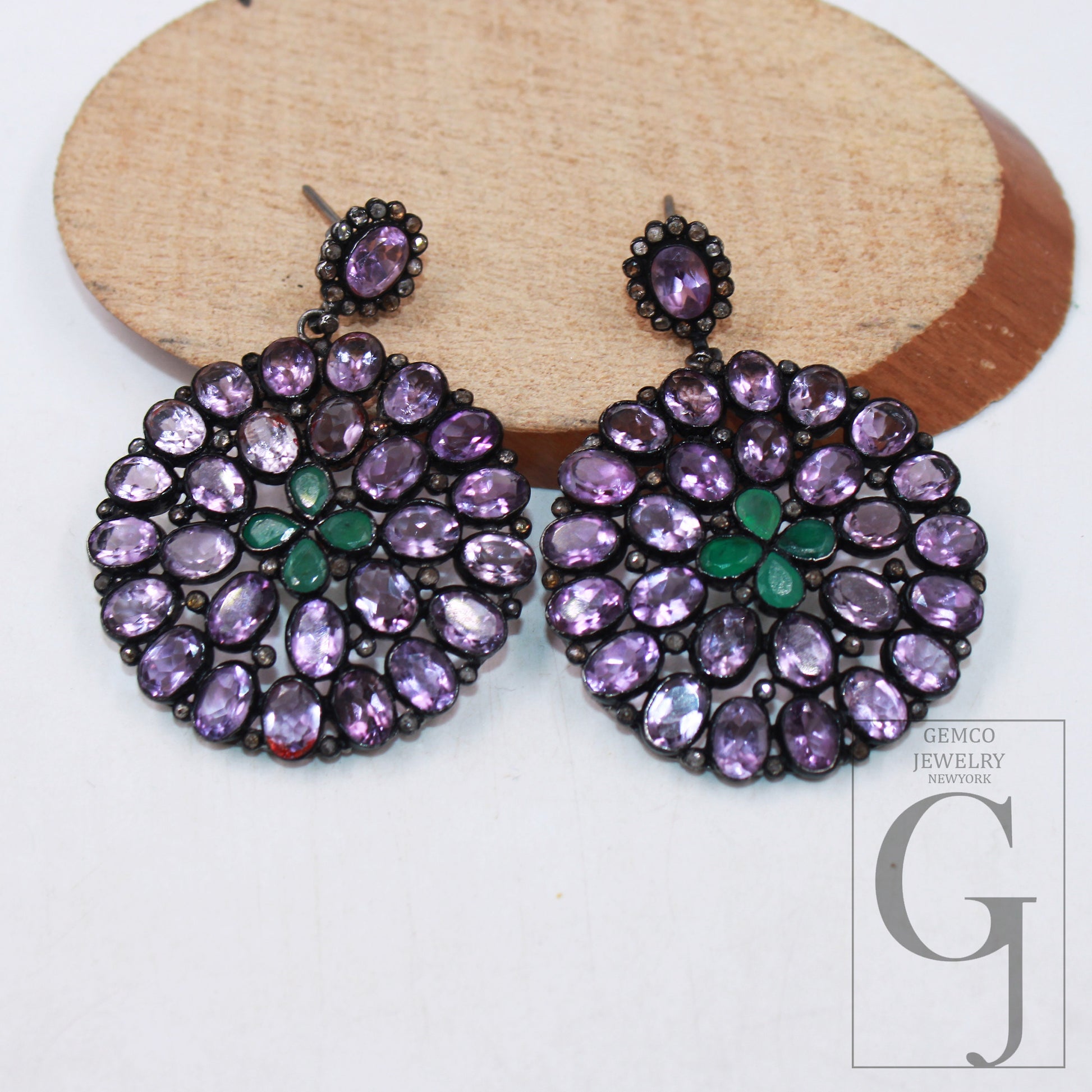 Antique look Amethyst emerald earring designer Rosecut pave diamond earring sterling silver handmade silver finish diamond earring jewelry