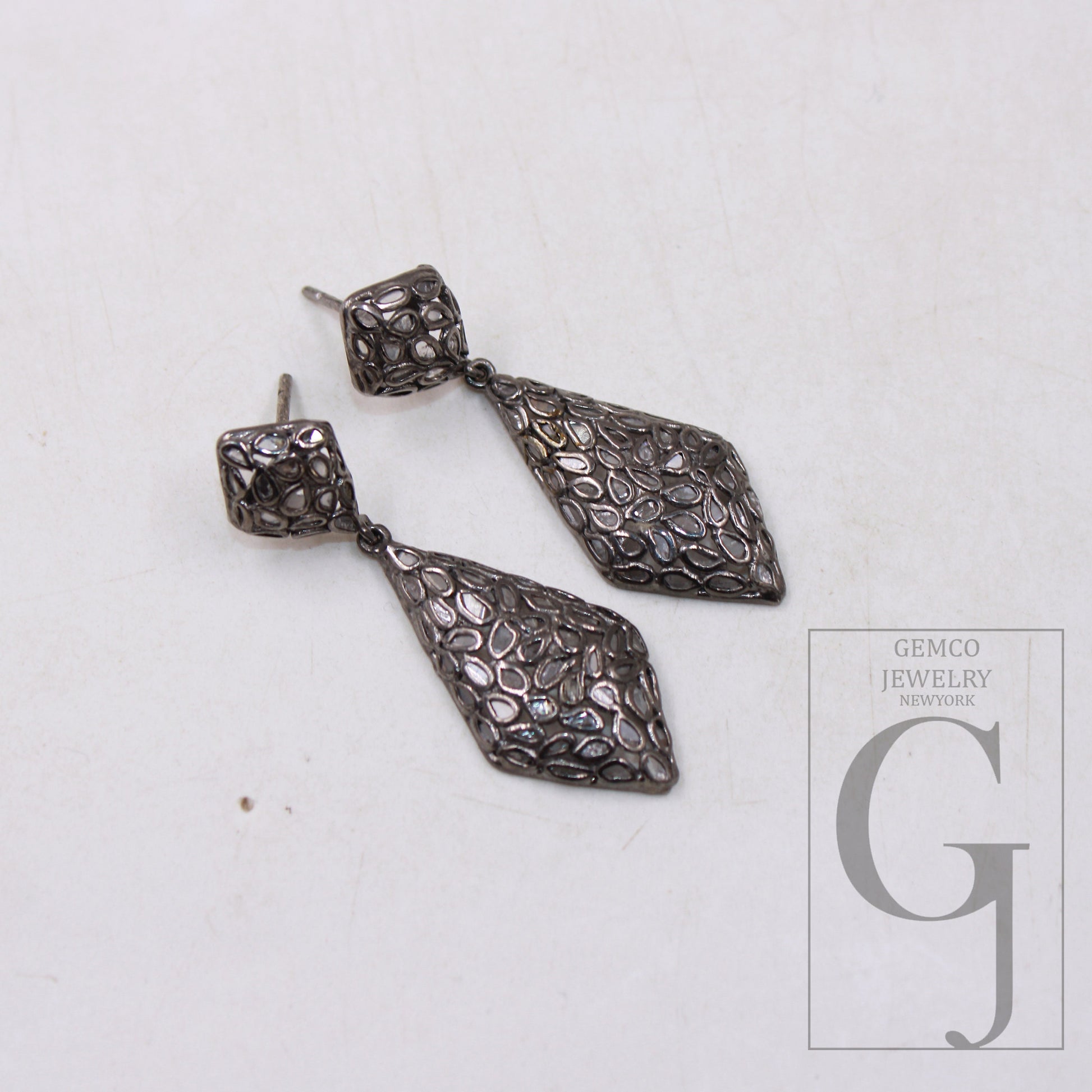 Oxidized Polki diamond designer Rosecut slice diamond earrings 925 sterling silver handmade silver finish flat diamond earrings jewelry