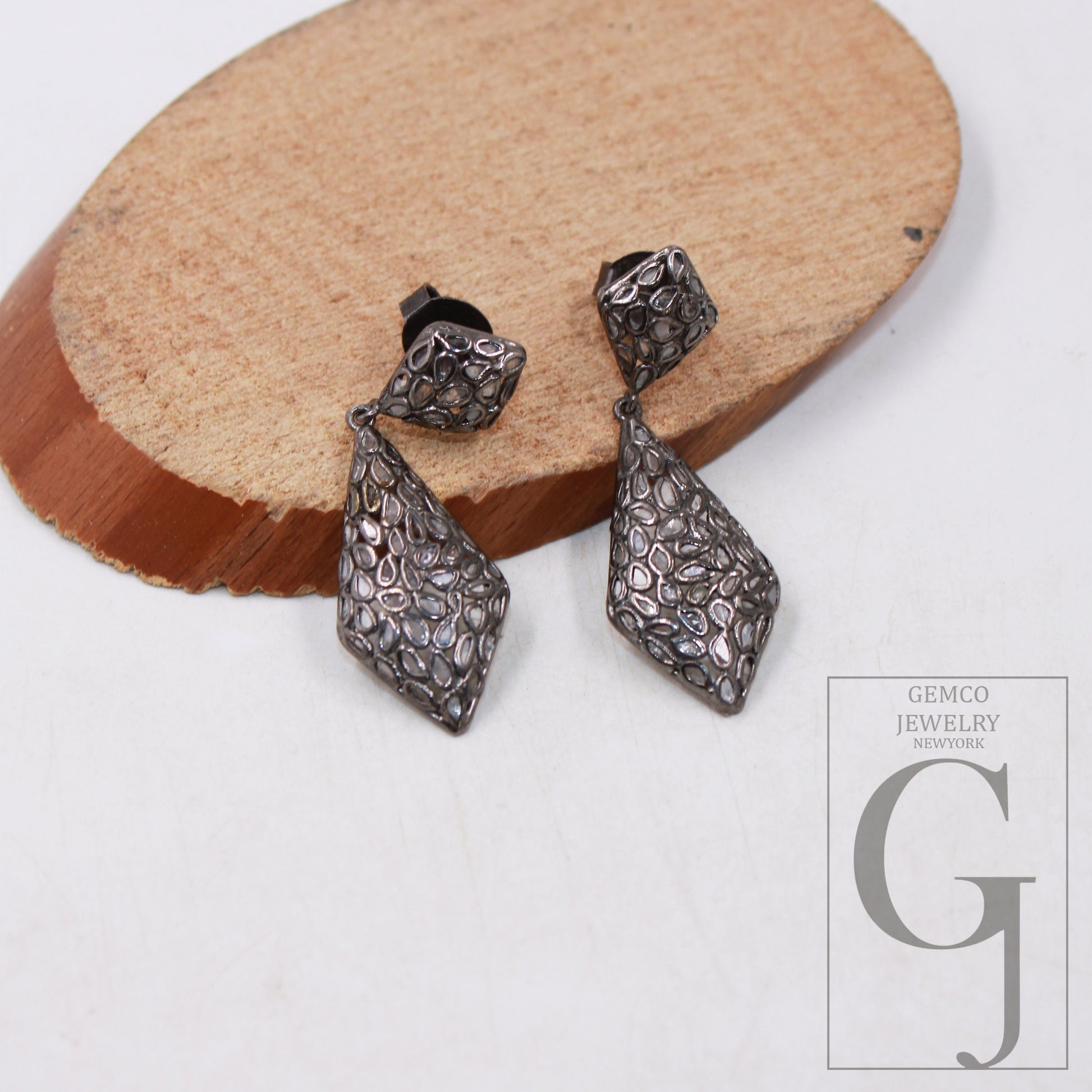 Oxidized Polki Diamond Designer Rosecut Slice Diamond Earrings 925 Sterling Silver Handmade Silver Finish Flat Diamond Earrings Jewelry