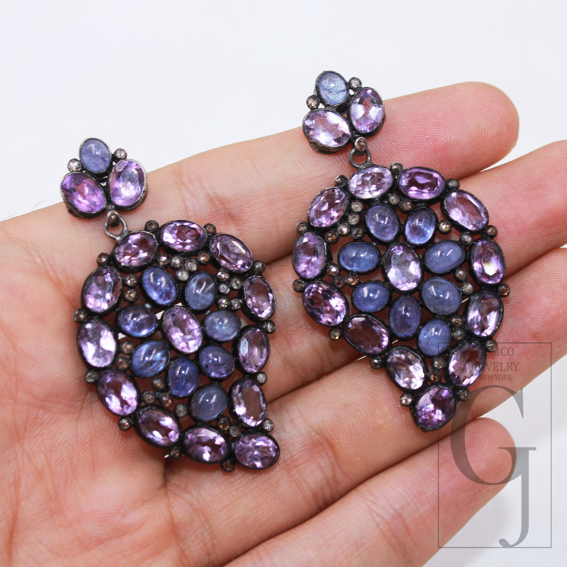 Beautiful Amethyst Tanzanite Earring Designer Rosecut Pave Diamond Earring Sterling Silver Handmade Silver Finish Diamond Earring Jewelry