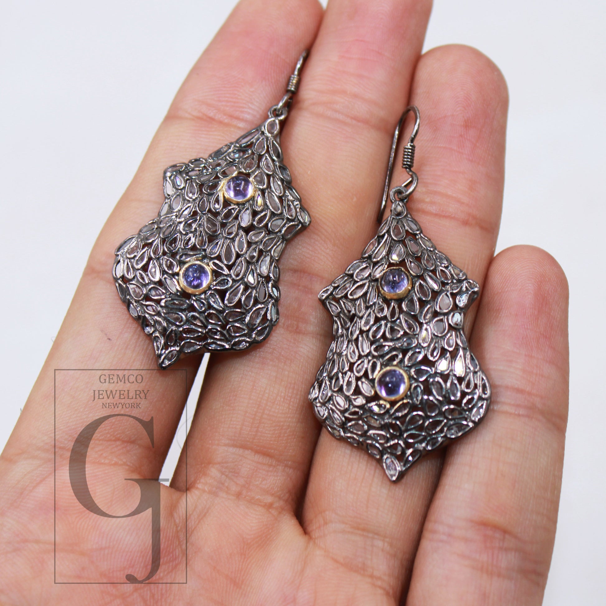 1 Pair Polki diamond tanzanite earring designer Rosecut slice diamond  sterling silver handmade silver finish flat diamond earrings jewelry