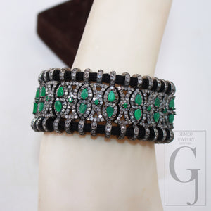 Green Emerald Design Thread Bracelet Rosecut Pave Diamond Thread Bangle Bracelet 925 Sterling Silver Handmade Finish Bangle Macrame Bracelet