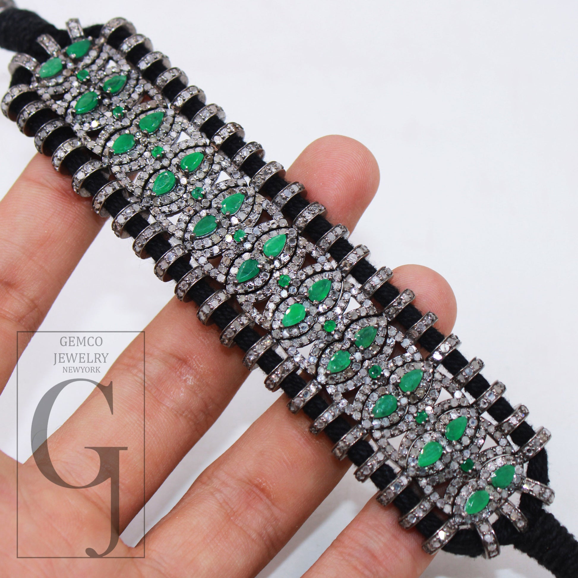 Green Emerald Design Thread Bracelet Rosecut Pave Diamond Thread Bangle Bracelet 925 Sterling Silver Handmade Finish Bangle Macrame Bracelet