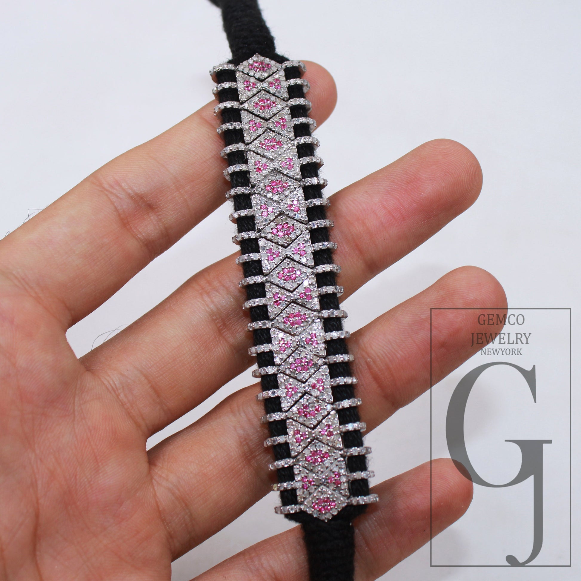 1pc pink design thread bracelet Rosecut pave diamond thread bangle bracelet 925 sterling silver handmade finish bangle macrame bracelet