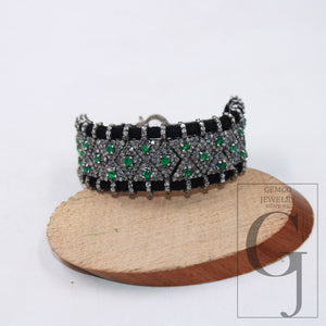 Green emerald design thread bracelet Rosecut pave diamond thread bangle bracelet 925 sterling silver handmade finish bangle macrame bracelet