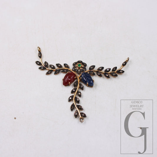 Ruby & blue sapphire Leaf designer diamond pendant Rosecut diamond pendant sterling silver handmade finish diamond necklace pendant jewelry