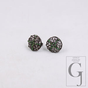 1 pair round shape studs Antique polki diamond 925 sterling silver handmade diamond stud slice diamond earrings jewelry green stone tops