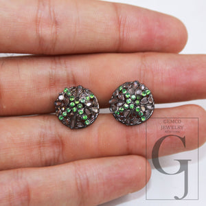 1 pair round shape studs Antique polki diamond 925 sterling silver handmade diamond stud slice diamond earrings jewelry green stone tops