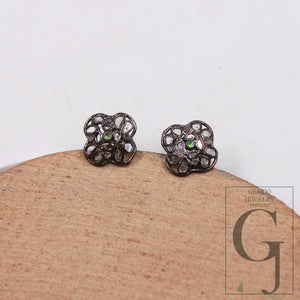 1 pair flower shape studs Antique polki diamond 925 sterling silver handmade diamond stud slice diamond earrings jewelry green stone tops