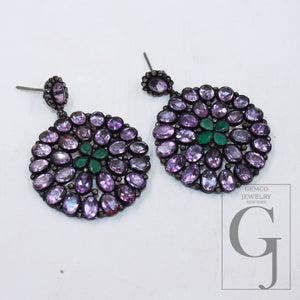 Antique look Amethyst emerald earring designer Rosecut pave diamond earring sterling silver handmade silver finish diamond earring jewelry