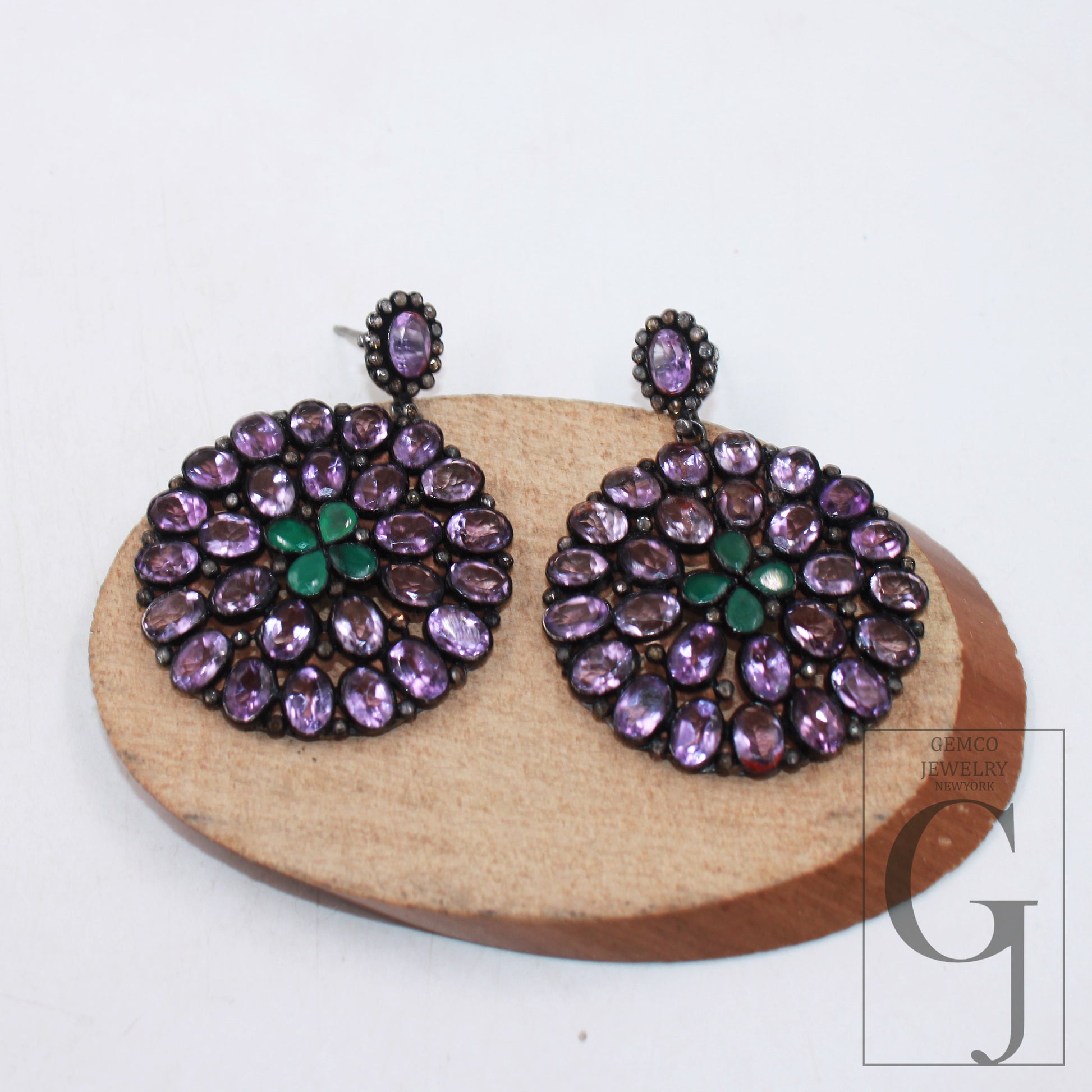 Antique look Amethyst emerald earring designer Rosecut pave diamond earring sterling silver handmade silver finish diamond earring jewelry