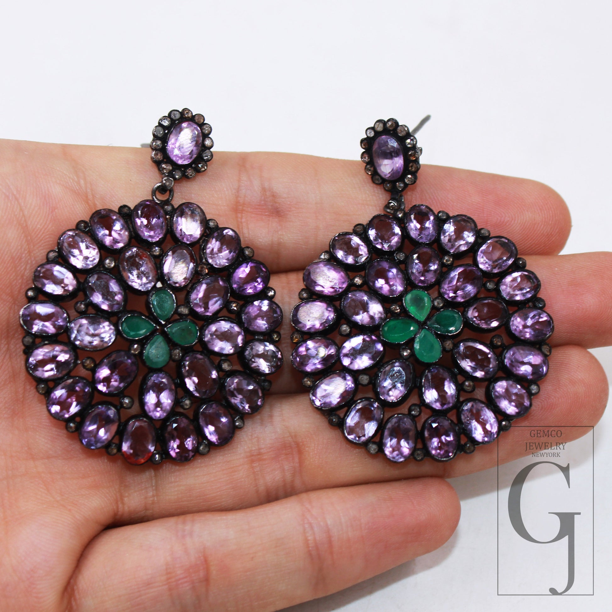 Antique look Amethyst emerald earring designer Rosecut pave diamond earring sterling silver handmade silver finish diamond earring jewelry