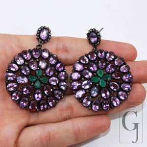 Antique look Amethyst emerald earring designer Rosecut pave diamond earring sterling silver handmade silver finish diamond earring jewelry