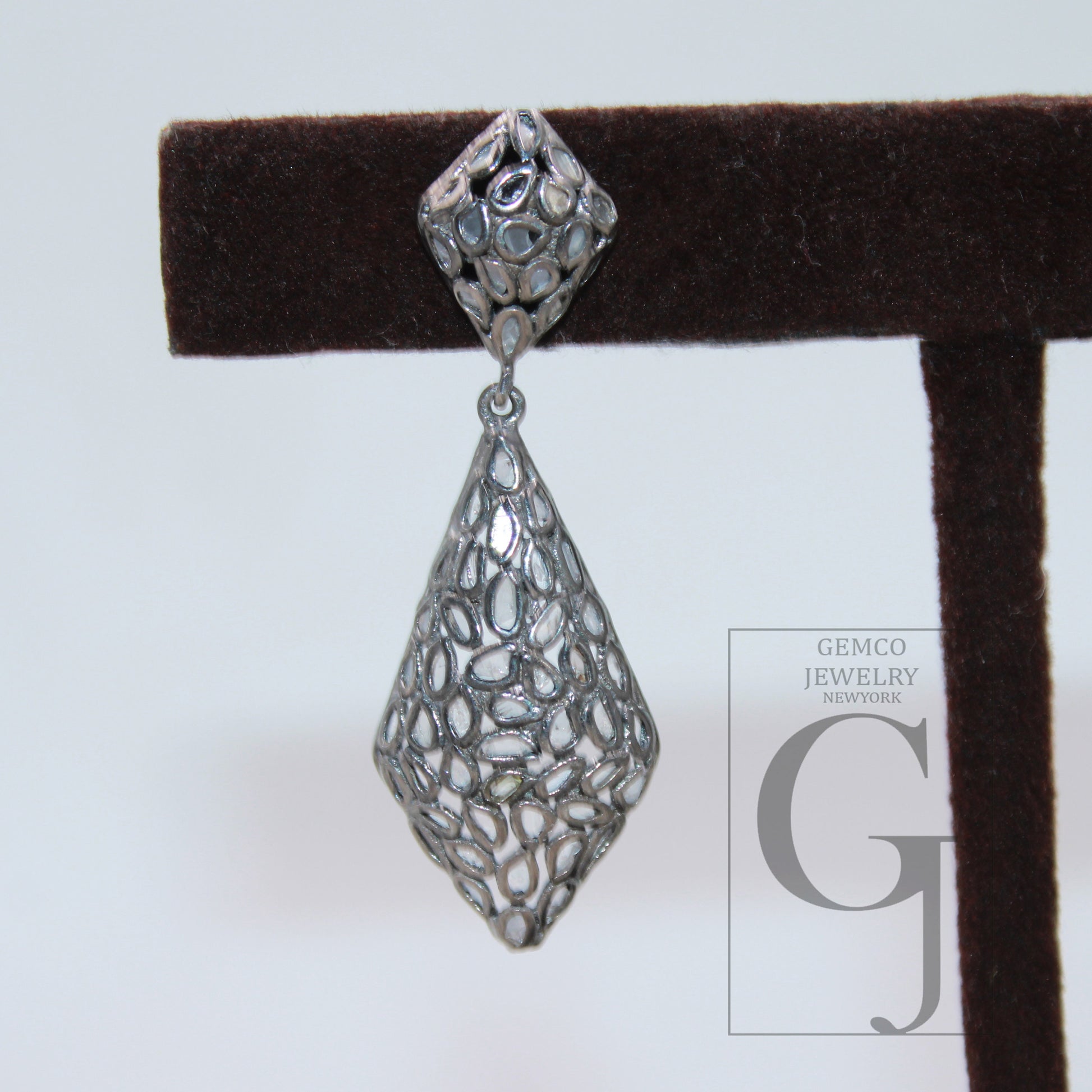 Oxidized Polki Diamond Designer Rosecut Slice Diamond Earrings 925 Sterling Silver Handmade Silver Finish Flat Diamond Earrings Jewelry