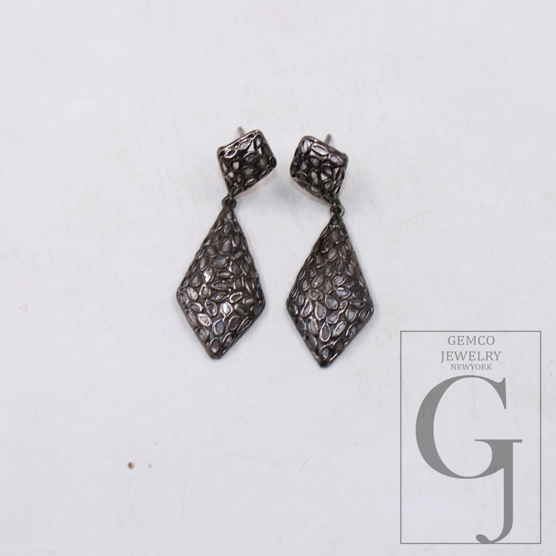 Oxidized Polki diamond designer Rosecut slice diamond earrings 925 sterling silver handmade silver finish flat diamond earrings jewelry