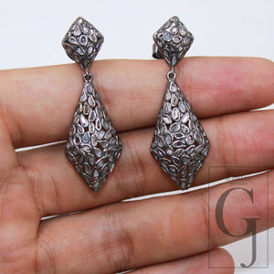 Oxidized Polki diamond designer Rosecut slice diamond earrings 925 sterling silver handmade silver finish flat diamond earrings jewelry