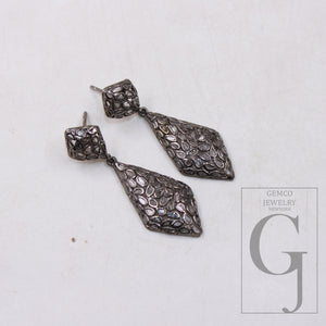 Oxidized Polki Diamond Designer Rosecut Slice Diamond Earrings 925 Sterling Silver Handmade Silver Finish Flat Diamond Earrings Jewelry