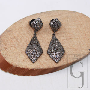 Oxidized Polki Diamond Designer Rosecut Slice Diamond Earrings 925 Sterling Silver Handmade Silver Finish Flat Diamond Earrings Jewelry