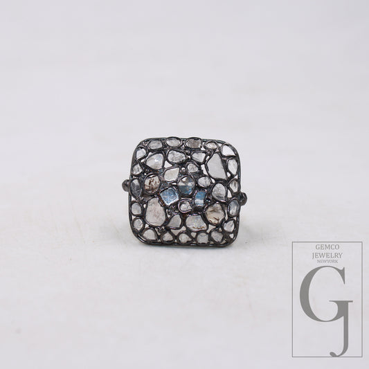 Antique oxidized finish designer flat diamond ring Rosecut polki diamond ring sterling silver handmade silver finish diamond ring jewelry