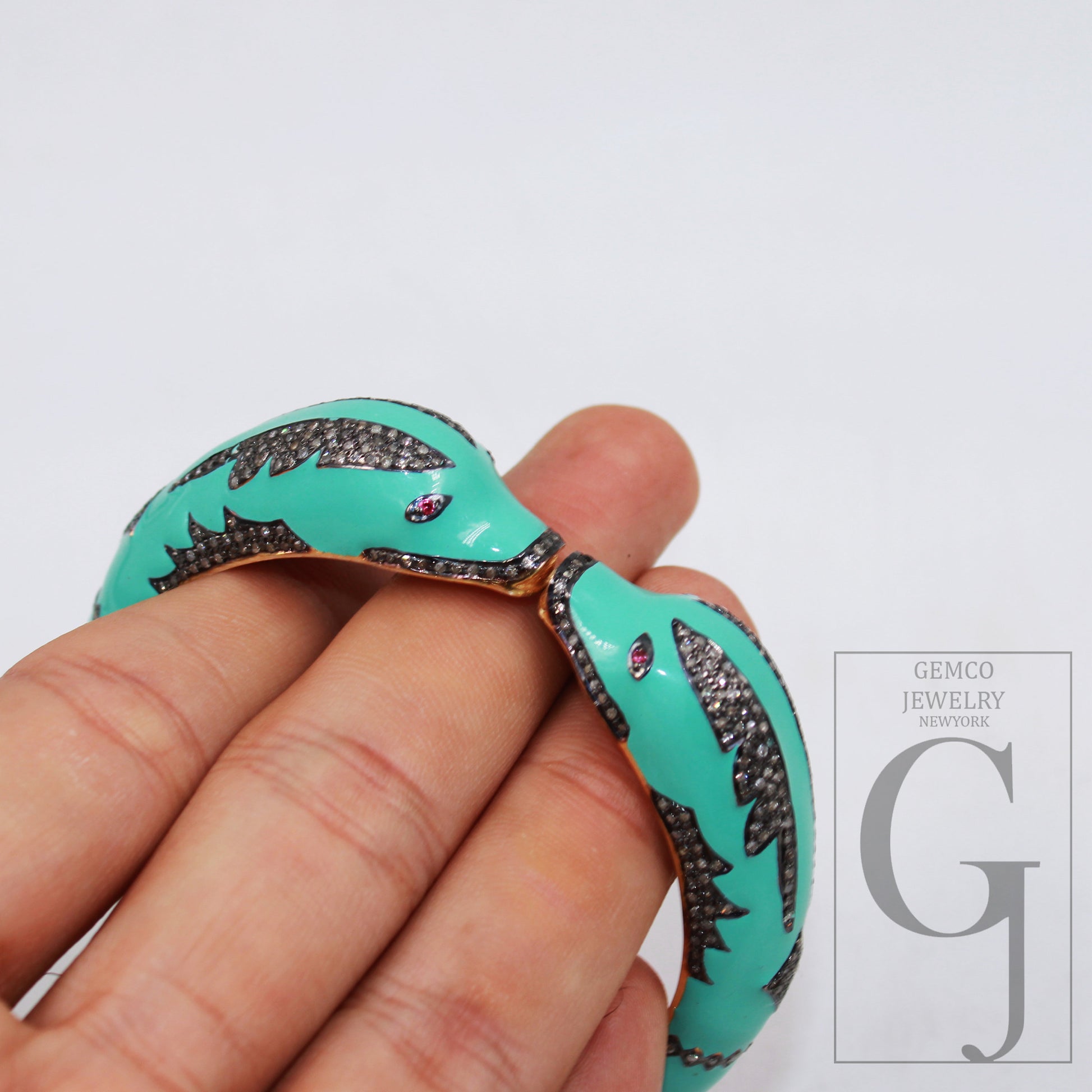 Light sea green enamel designer dolphin bangle Rose cut pave diamond bangle bracelet 925 sterling silver handmade finish diamond jewely