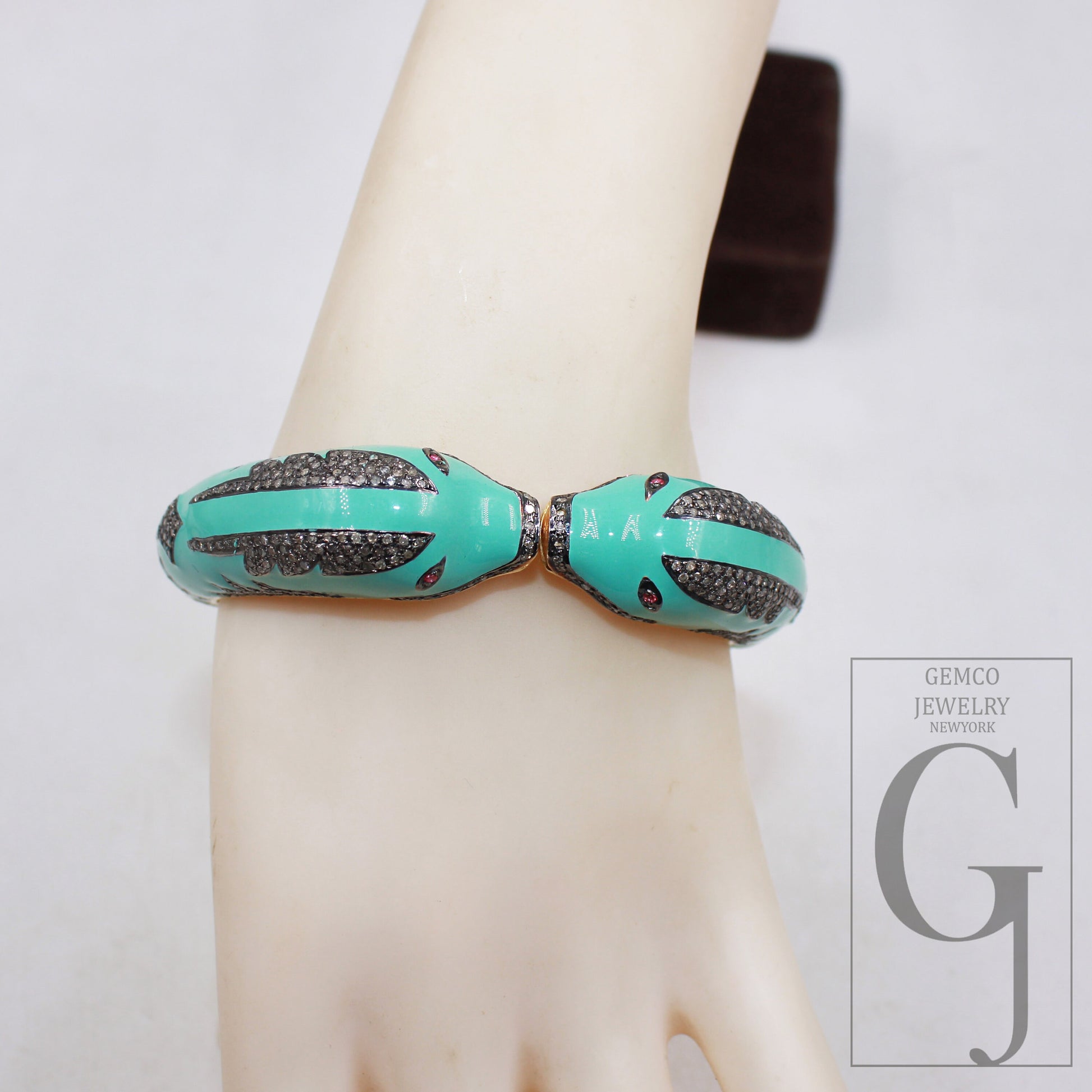 Light Sea Green Enamel Designer Dolphin Bangle Rose Cut Pave Diamond Bangle Bracelet 925 Sterling Silver Handmade Finish Diamond Jewely