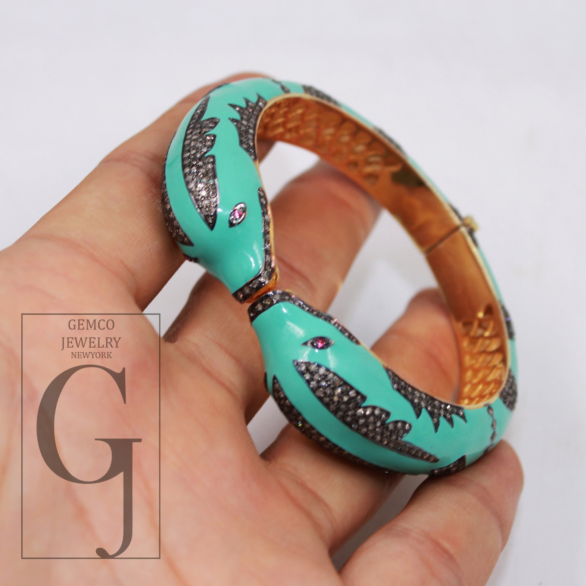 Light sea green enamel designer dolphin bangle Rose cut pave diamond bangle bracelet 925 sterling silver handmade finish diamond jewely