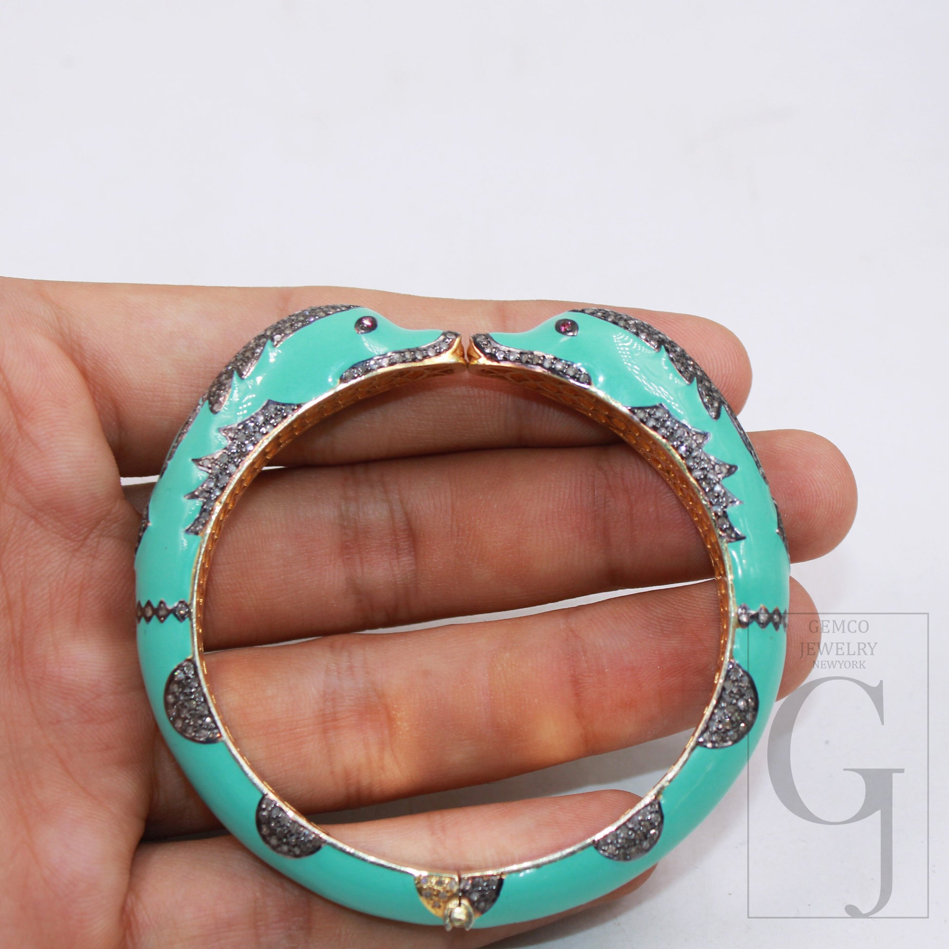 Light sea green enamel designer dolphin bangle Rose cut pave diamond bangle bracelet 925 sterling silver handmade finish diamond jewely