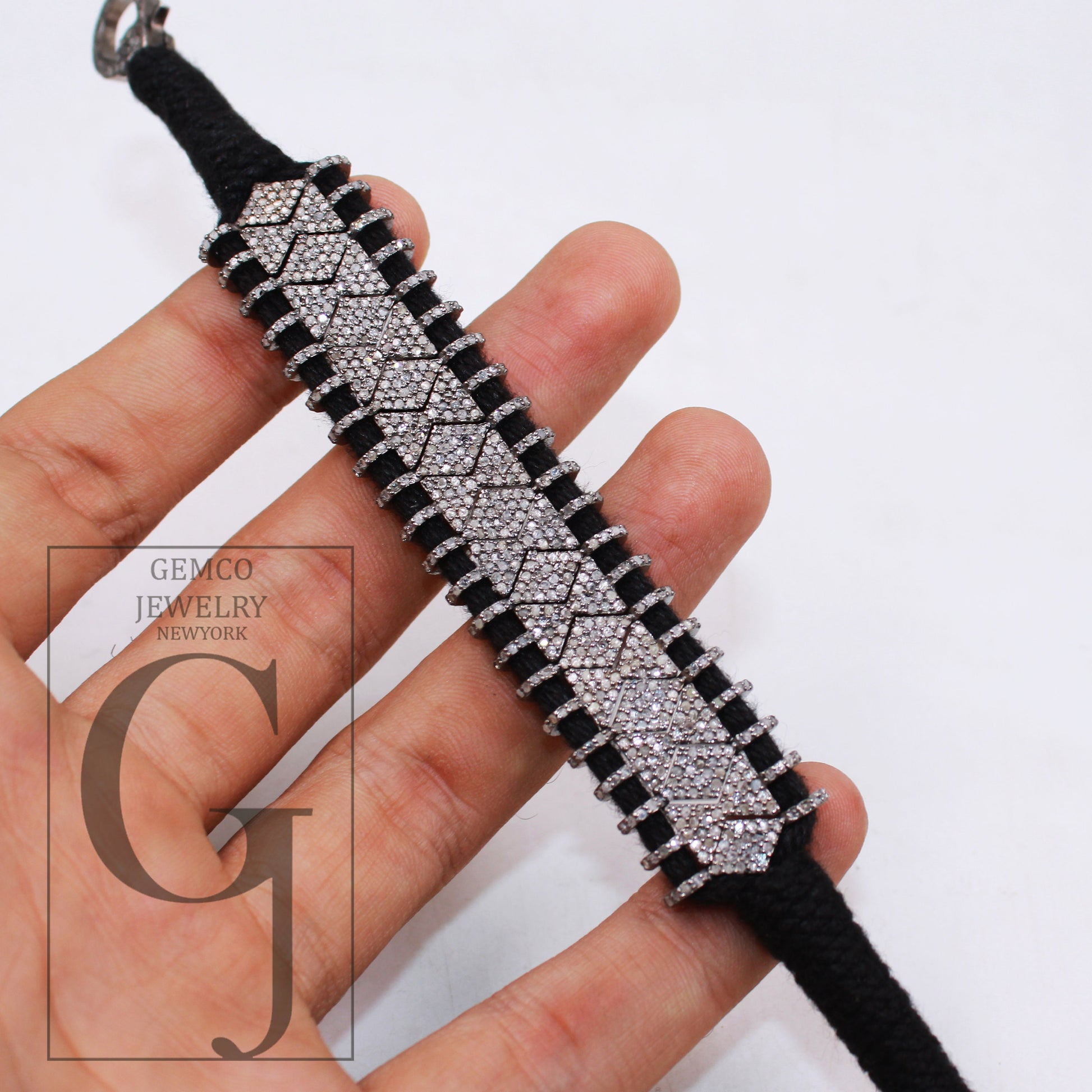 1pc Antique macrame bracelet Rosecut pave diamond thread bracelet sterling silver handmade diamond Macramé Bracelet black thread bracelet