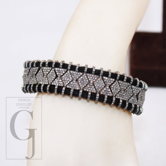 1pc Antique macrame bracelet Rosecut pave diamond thread bracelet sterling silver handmade diamond Macramé Bracelet black thread bracelet