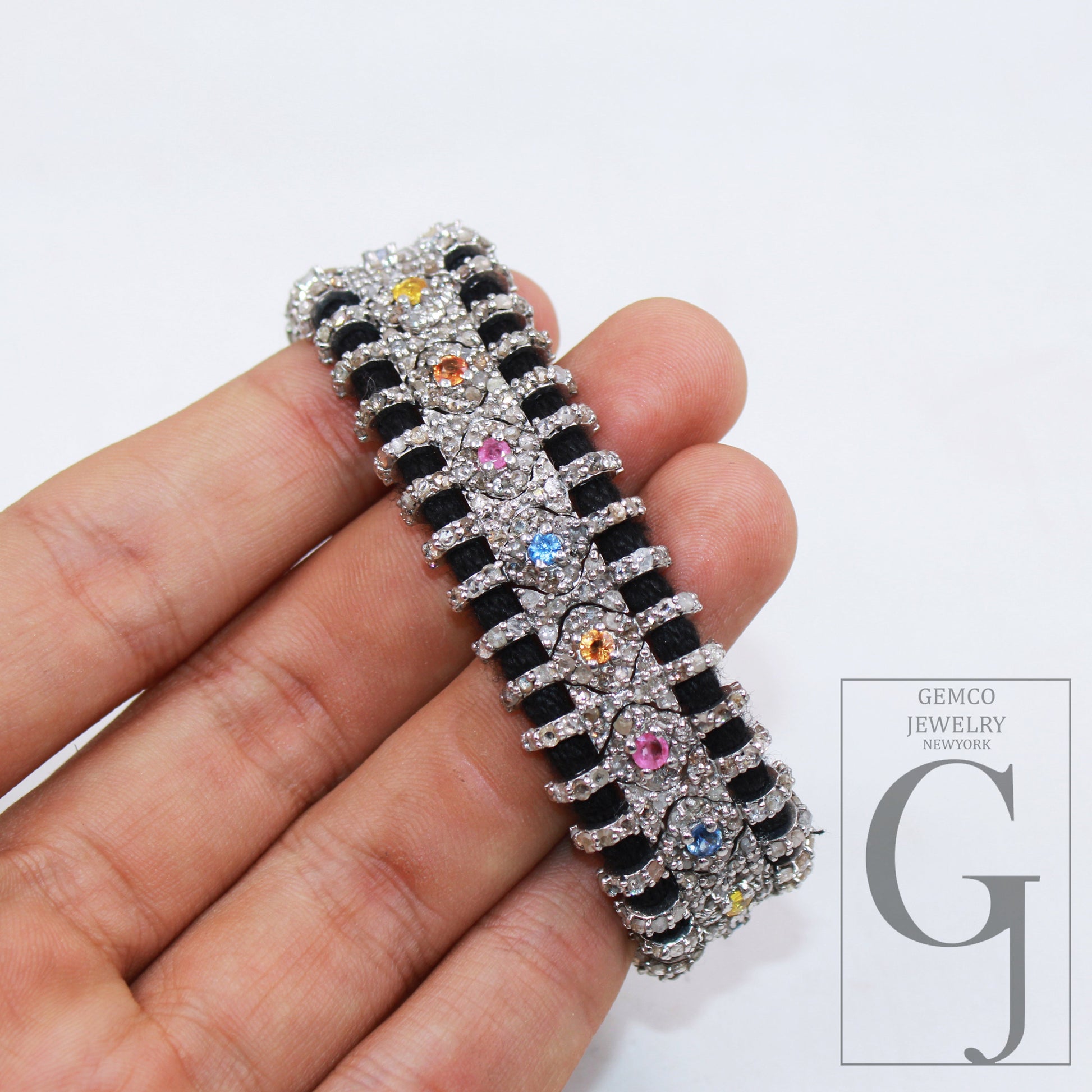 Natural multi sapphire design thread bracelet Rosecut pave diamond thread bangle bracelet sterling silver handmade finish bracelet jewelry