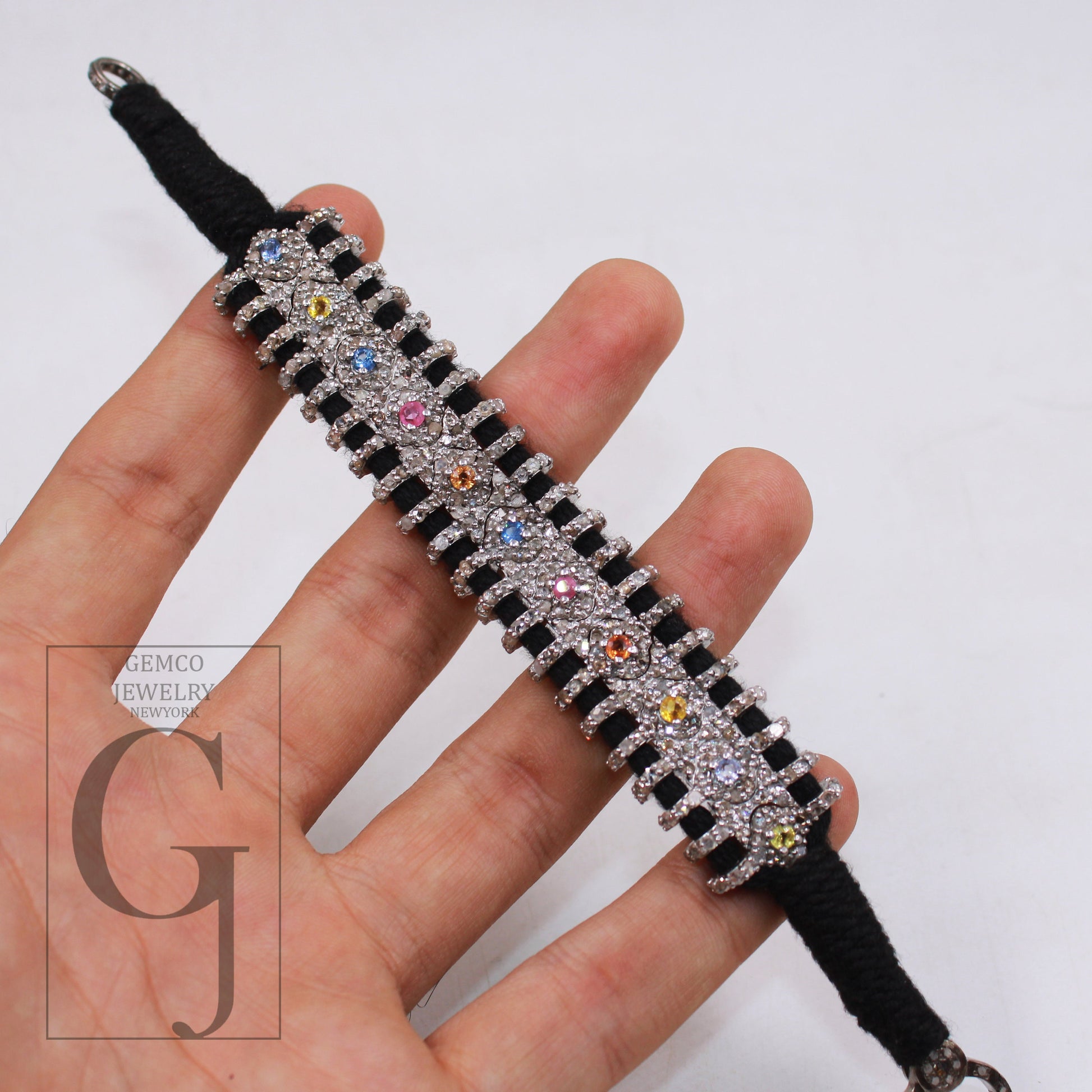 Natural multi sapphire design thread bracelet Rosecut pave diamond thread bangle bracelet sterling silver handmade finish bracelet jewelry