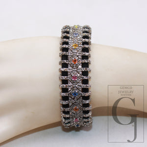 Natural multi sapphire design thread bracelet Rosecut pave diamond thread bangle bracelet sterling silver handmade finish bracelet jewelry