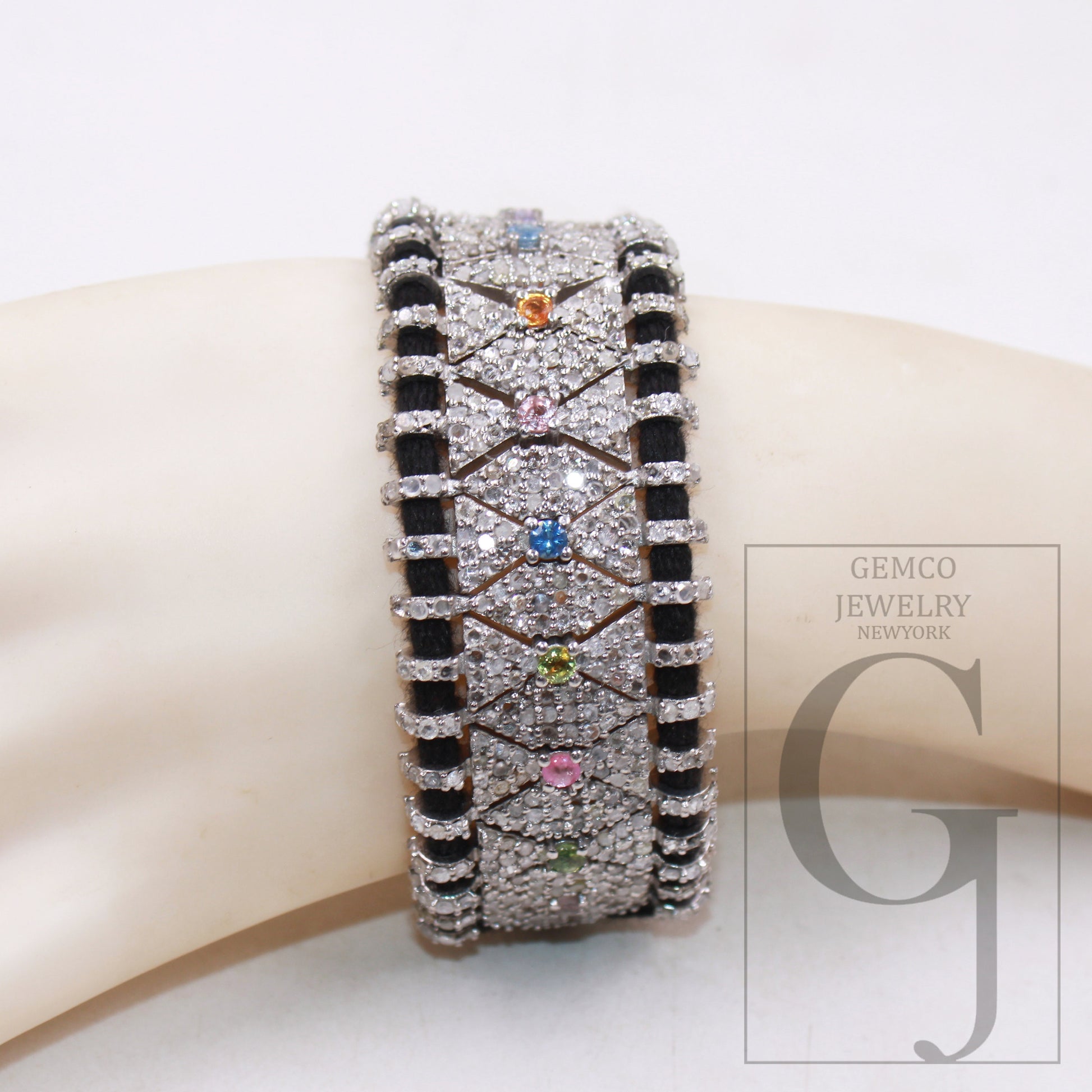 1pc Natural multi sapphire design thread bracelet Rosecut diamond thread bangle bracelet sterling silver handmade bracelet jewelry macrame