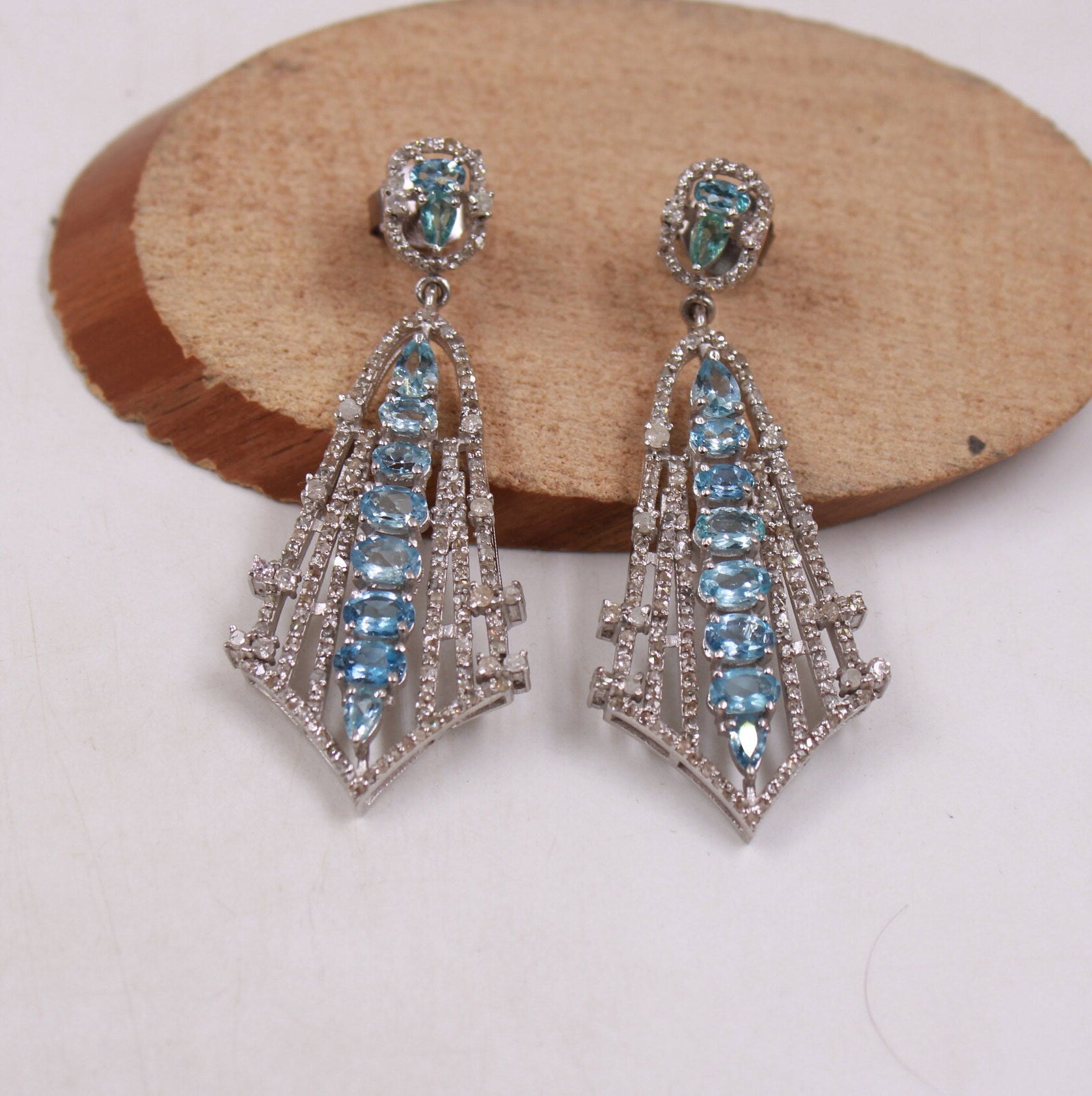 Beautiful Aquamarine designer earring Rosecut pave diamond earrings 925 sterling silver handmade silver finish diamond earring jewelry