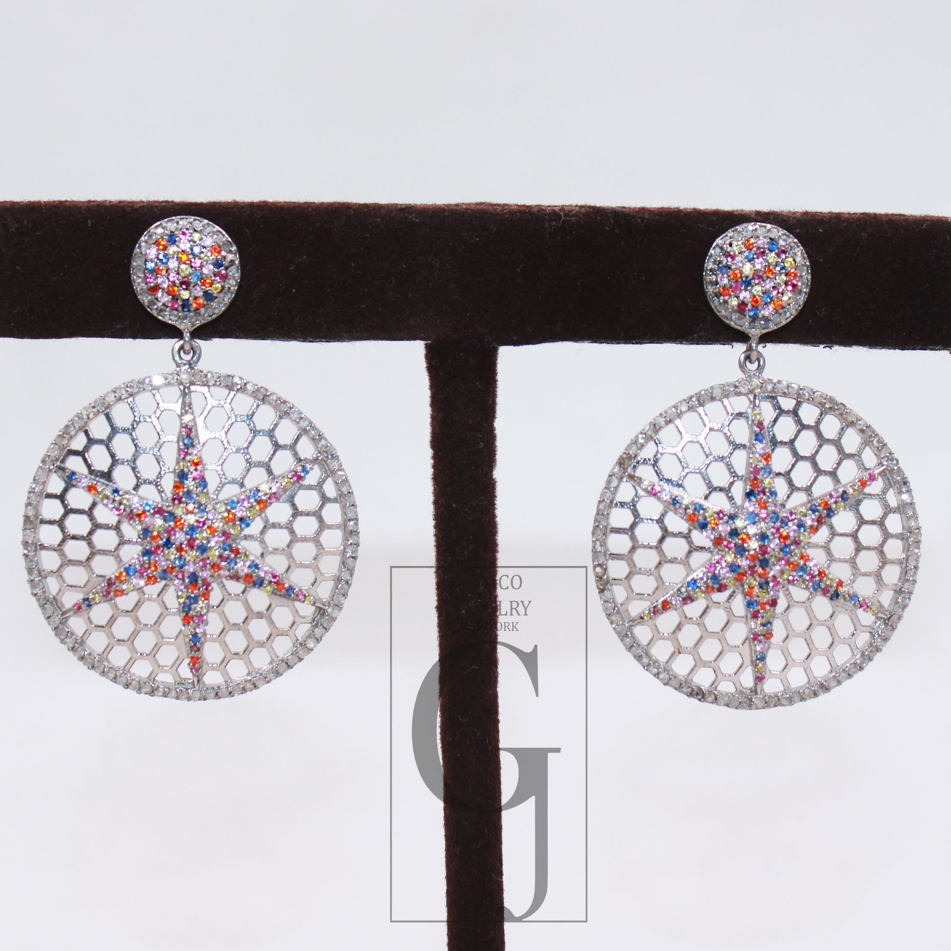 Multi sapphire Star earring designer Rosecut pave diamond earrings 925 sterling silver handmade silver finish diamond earring jewelry