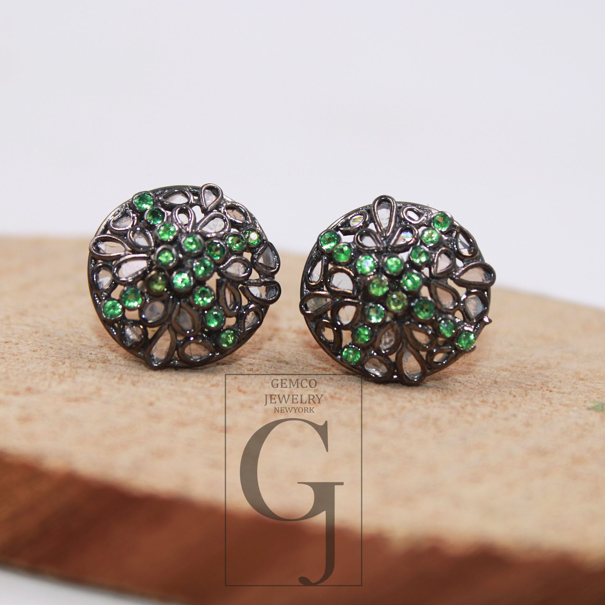 1 pair round shape studs Antique polki diamond 925 sterling silver handmade diamond stud slice diamond earrings jewelry green stone tops