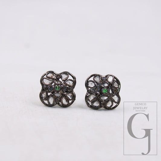 1 pair flower shape studs Antique polki diamond 925 sterling silver handmade diamond stud slice diamond earrings jewelry green stone tops