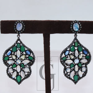 Antique look Emerald moonstone designer earring Rosecut pave diamond earring sterling silver handmade silver finish diamond earring jewelry