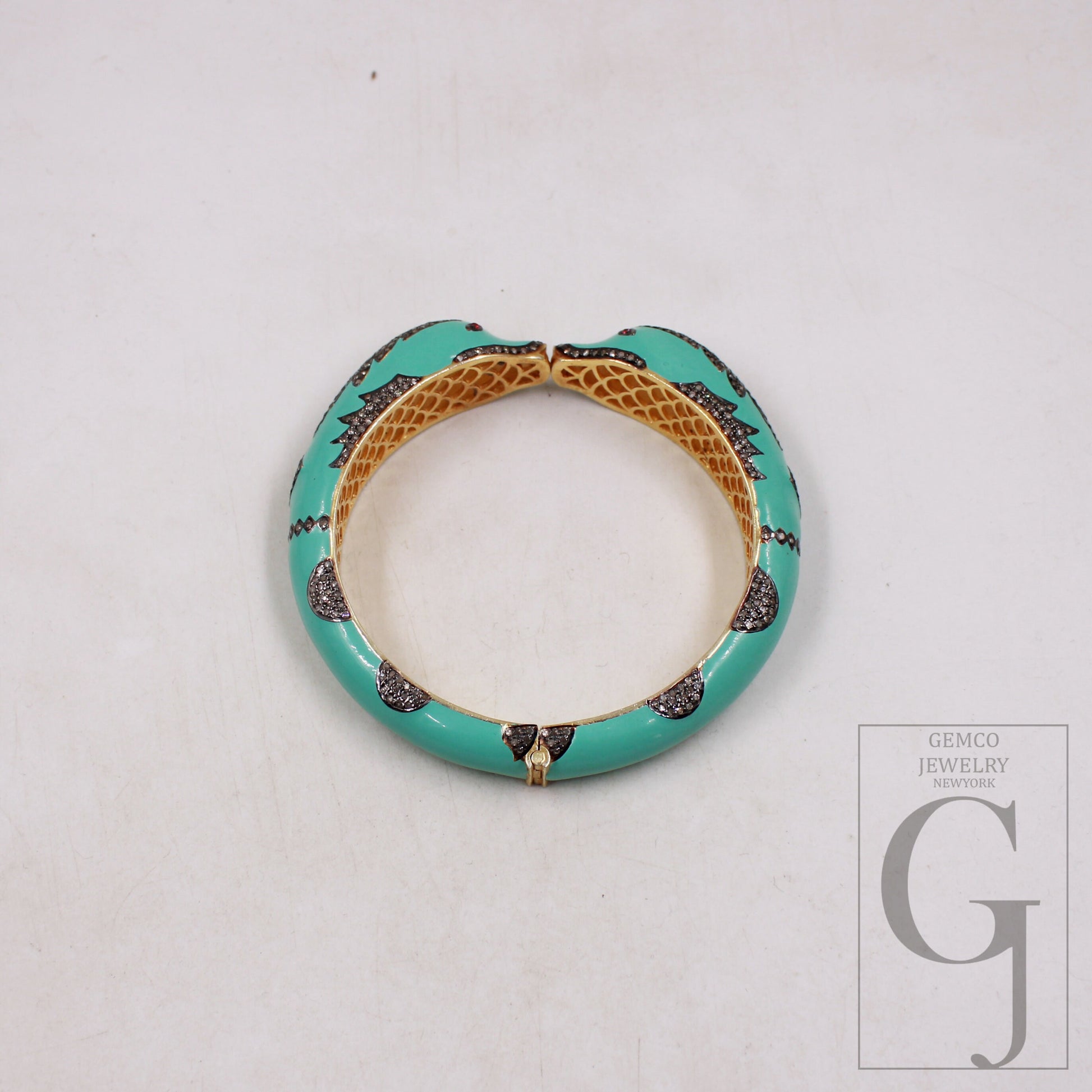 Light sea green enamel designer dolphin bangle Rose cut pave diamond bangle bracelet 925 sterling silver handmade finish diamond jewely
