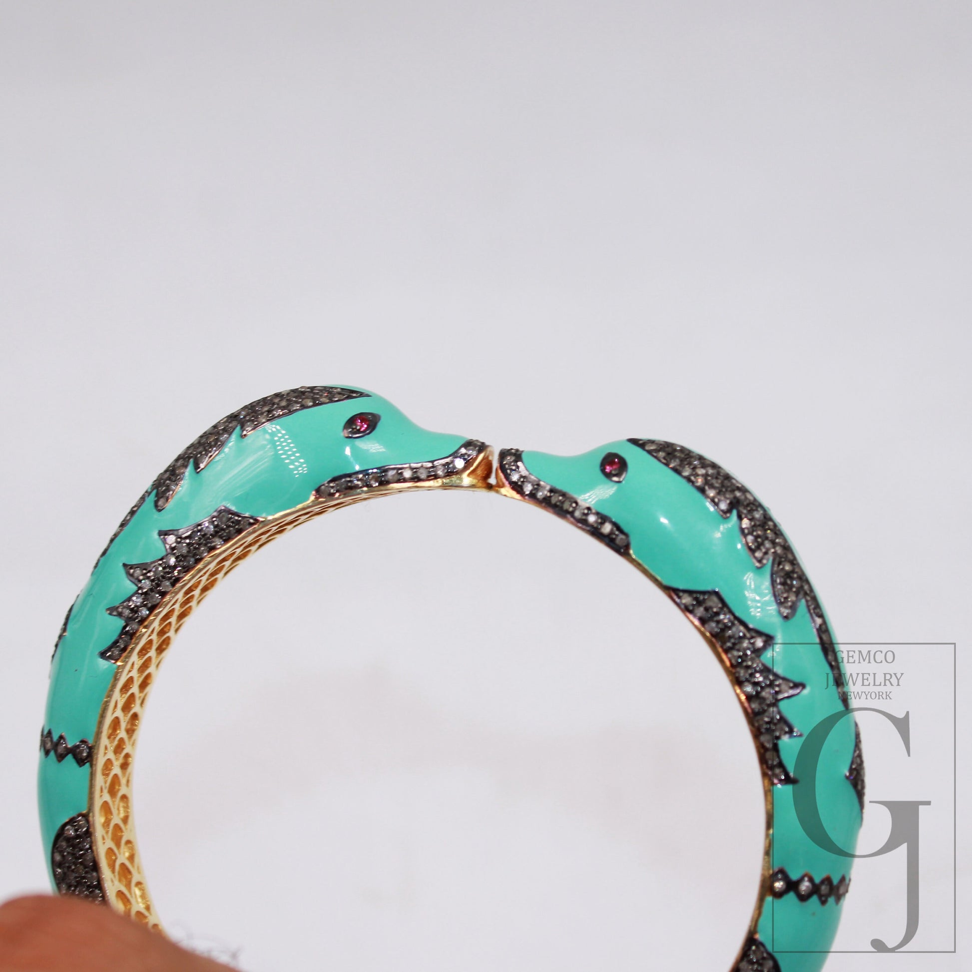 Light sea green enamel designer dolphin bangle Rose cut pave diamond bangle bracelet 925 sterling silver handmade finish diamond jewely
