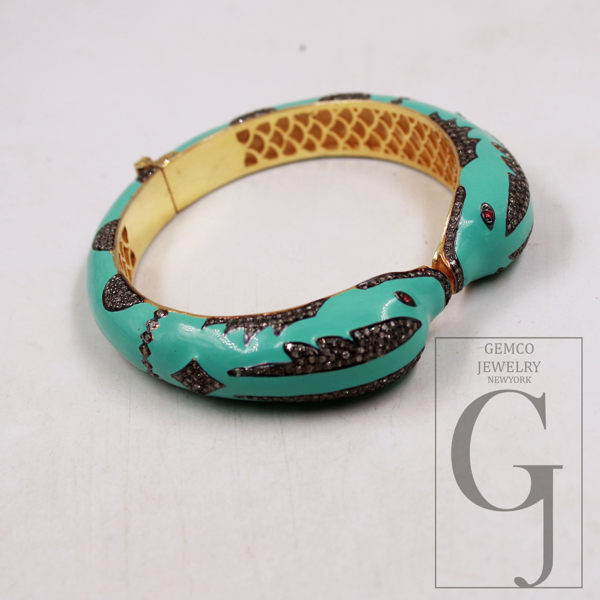 Light sea green enamel designer dolphin bangle Rose cut pave diamond bangle bracelet 925 sterling silver handmade finish diamond jewely