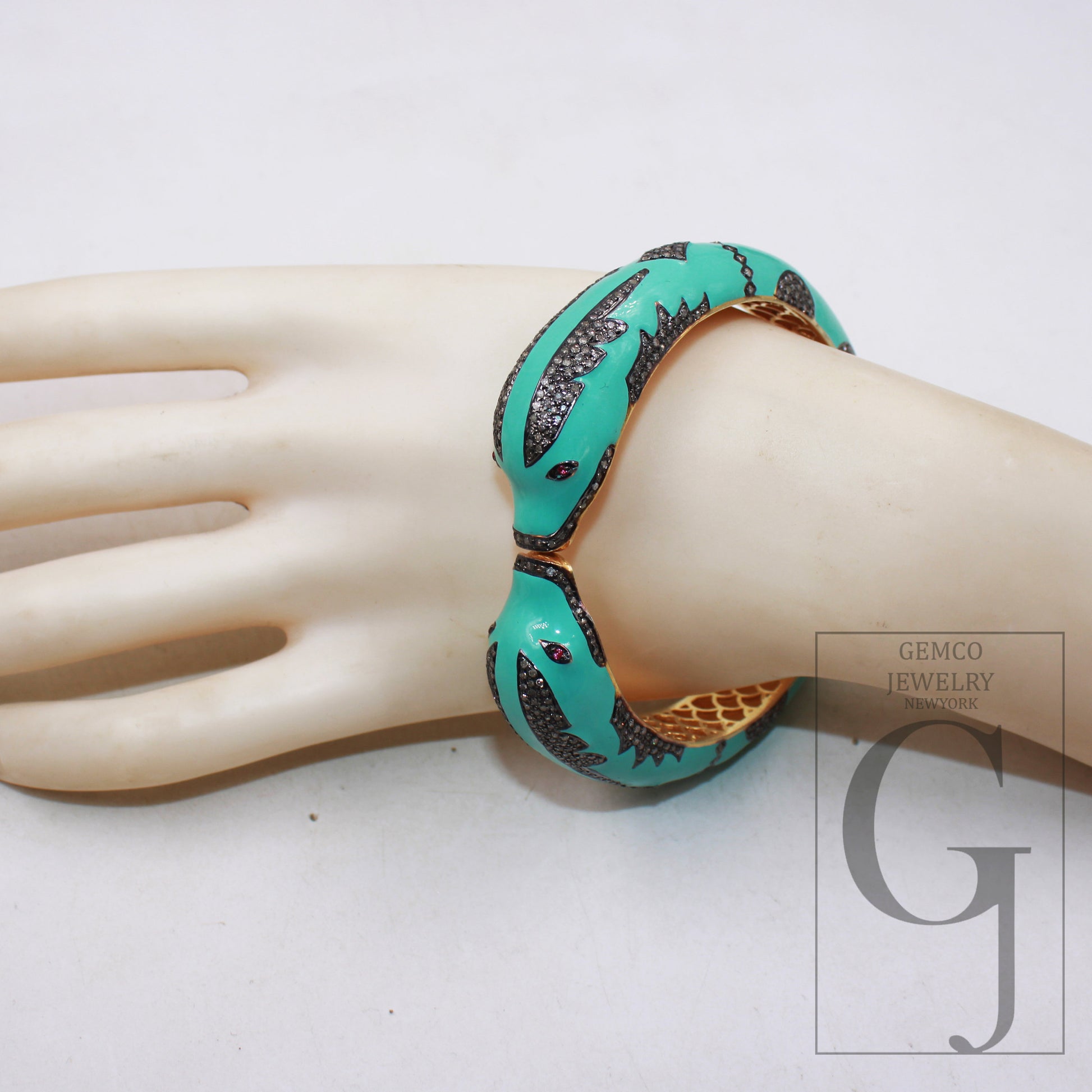 Light sea green enamel designer dolphin bangle Rose cut pave diamond bangle bracelet 925 sterling silver handmade finish diamond jewely
