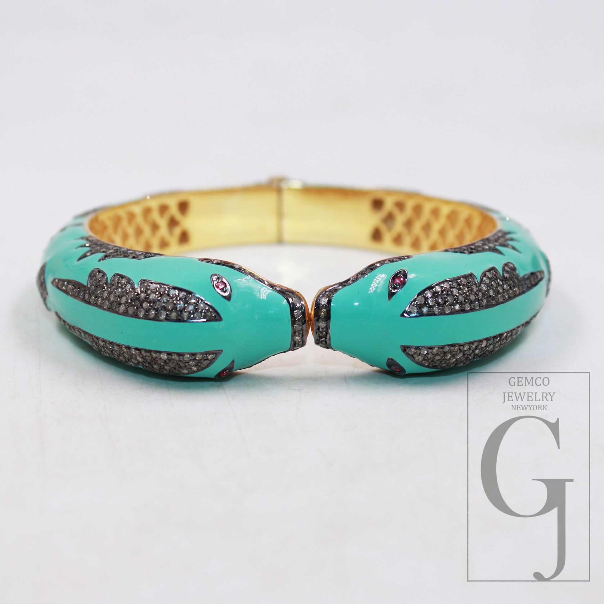 Light sea green enamel designer dolphin bangle Rose cut pave diamond bangle bracelet 925 sterling silver handmade finish diamond jewely