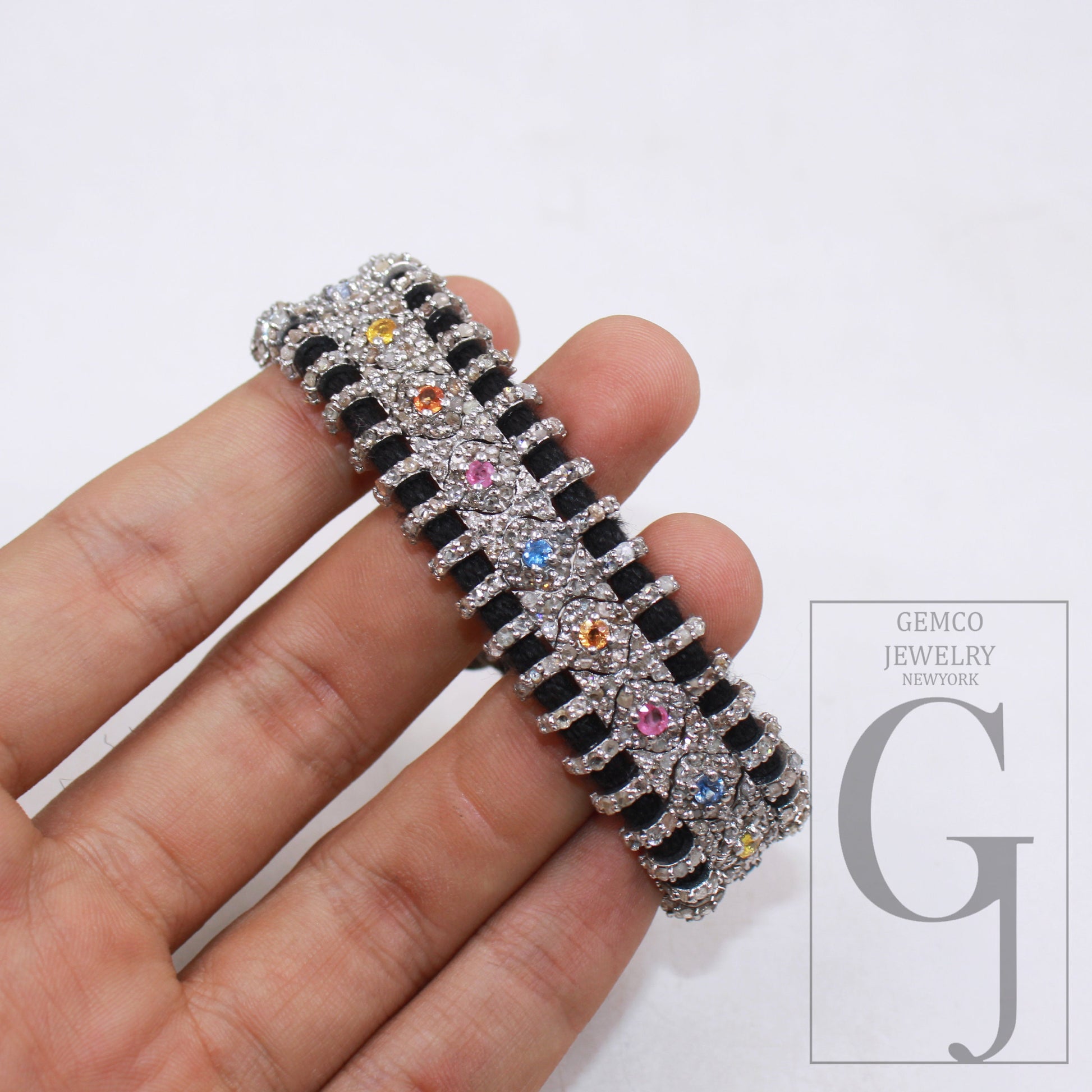 Natural multi sapphire design thread bracelet Rosecut pave diamond thread bangle bracelet sterling silver handmade finish bracelet jewelry