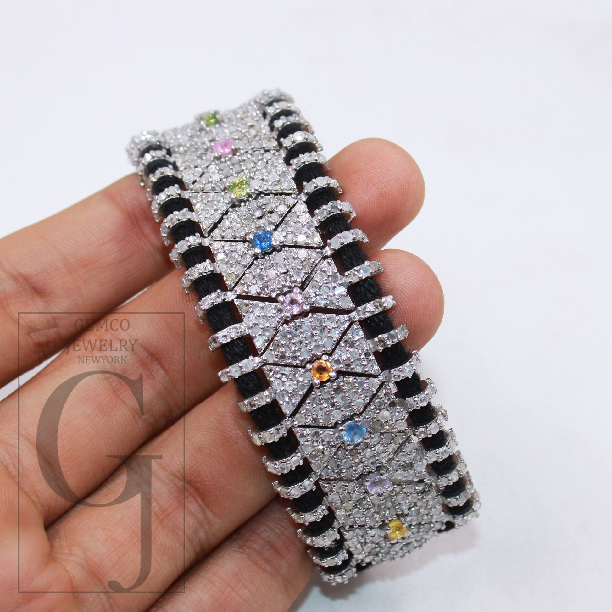 1pc Natural Multi Sapphire Design Thread Bracelet Rosecut Diamond Thread Bangle Bracelet Sterling Silver Handmade Bracelet Jewelry Macrame