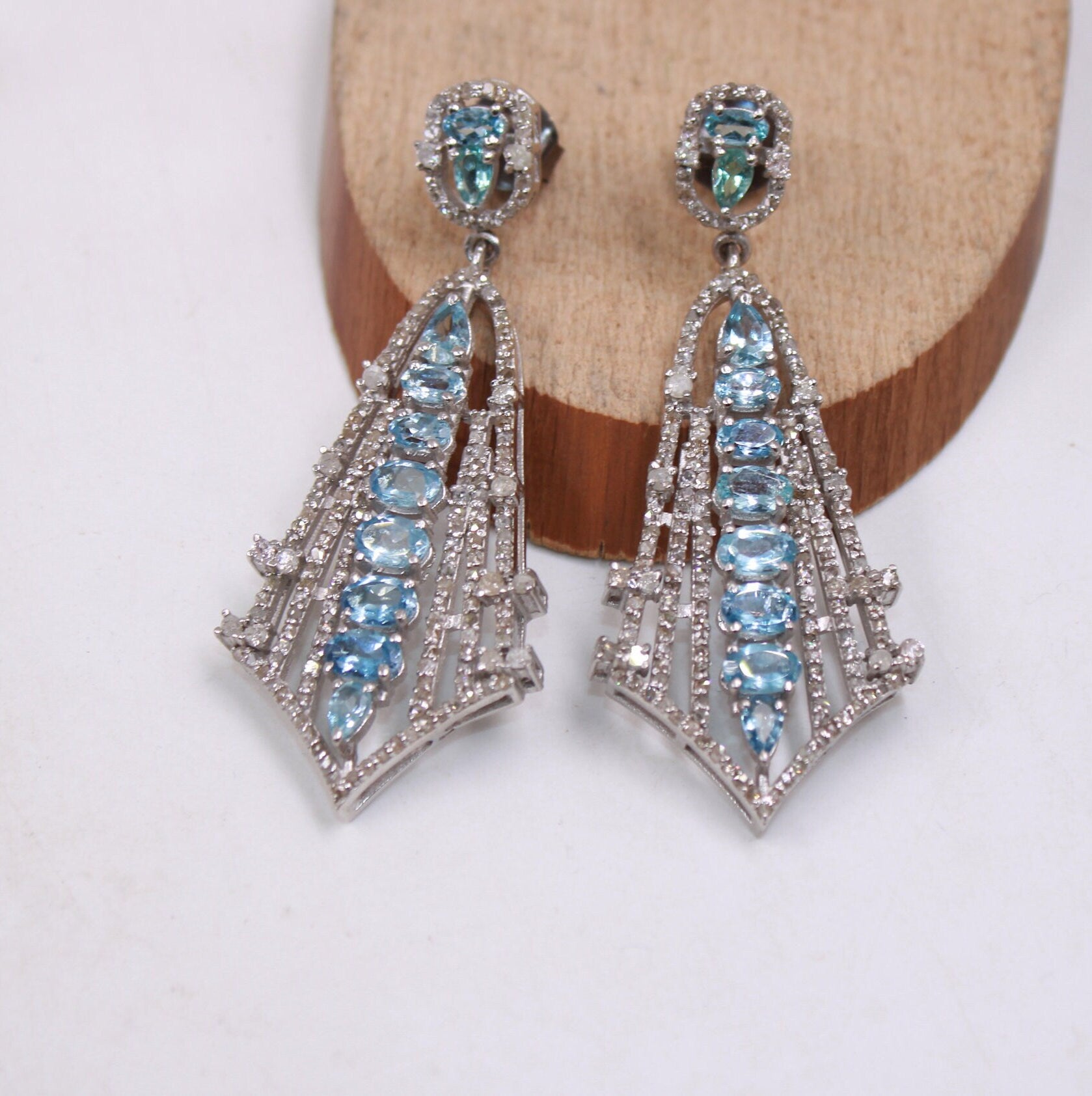 Beautiful Aquamarine designer earring Rosecut pave diamond earrings 925 sterling silver handmade silver finish diamond earring jewelry